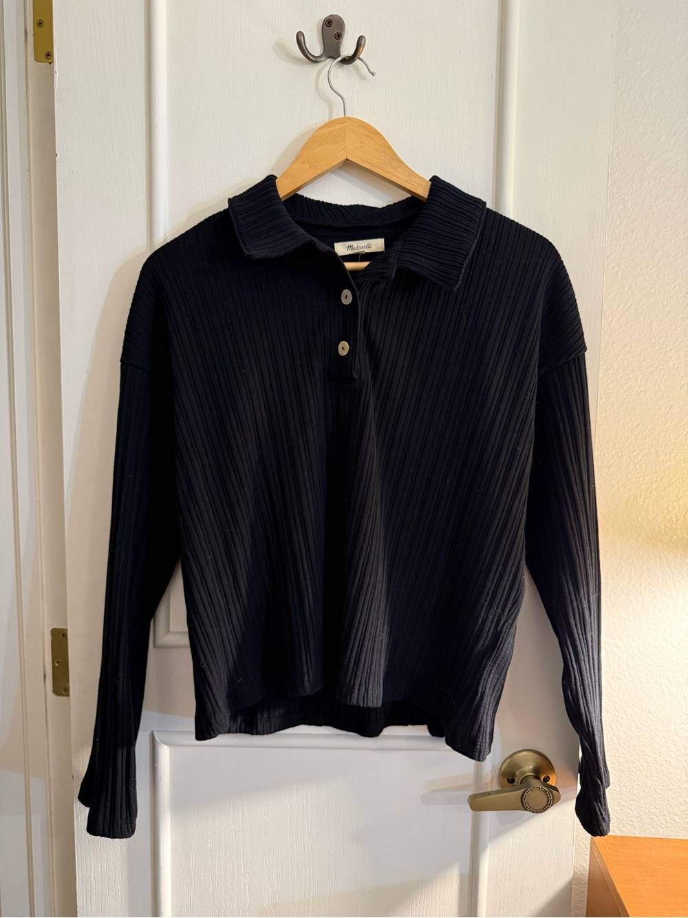 Madewell Black Pleated Polo Crewneck Sweater